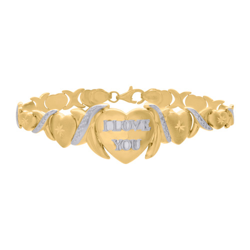 Real 10K Two Tone Gold Womens D/C 19mm I LOVE YOU Heart & X Stampato 7" Bracelet