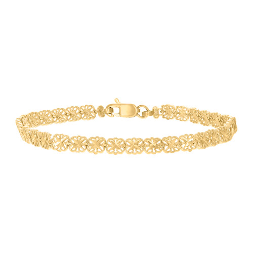 Real 10K Yellow Gold Women's D/C 5.5mm Milgrain Edge Filigree Flower 8" Bracelet