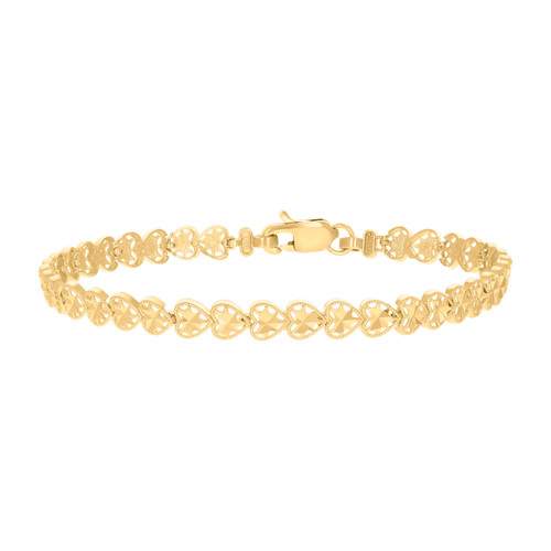 Real 10K Yellow Gold Womens D/C Milgrain Edge 5.5mm Fancy Heart Link 8" Bracelet
