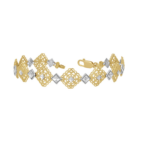 10K Two Tone Gold Women's Diamond Cut 11.5mm Filigree Square Link 7" Bracelet