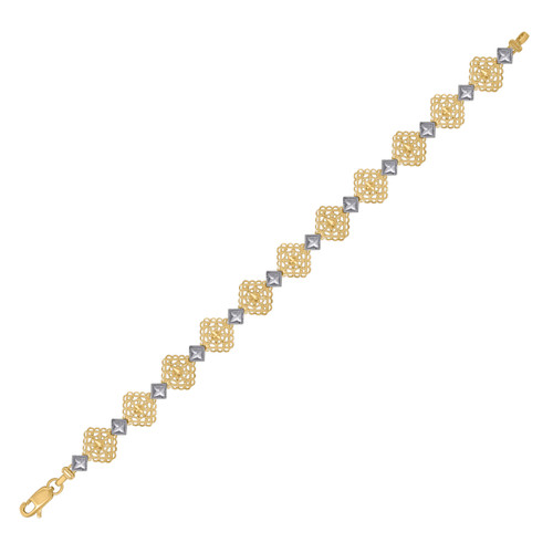 10K Two Tone Gold Women's Diamond Cut 11.5mm Filigree Square Link 8" Bracelet