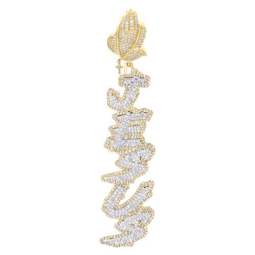 10K Yellow Gold Natural Diamond Prayer Hands Rosary Vertical JESUS Pendant 3 CT