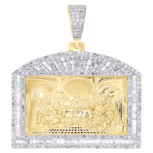 10K Yellow Gold Baguette Diamond Rectangle Frame Last Supper Pendant 1.33 CT