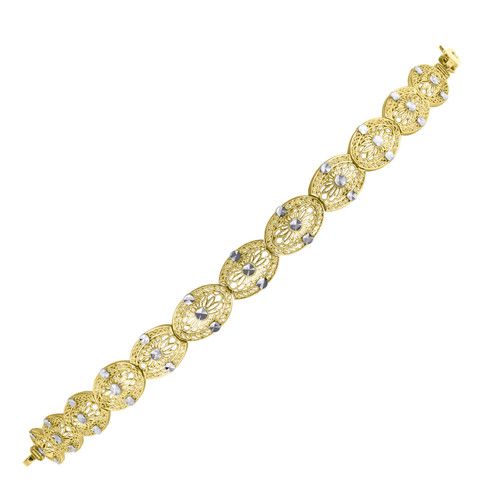 Real 10K Two Tone Gold Women's Diamond Cut 12mm Domed Filigree Oval 7" Bracelet
