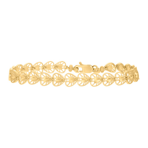 Real 10K Yellow Gold Womens Diamond Cut 7mm Textured Starburst Heart 7" Bracelet