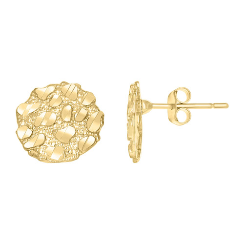 10K Yellow Gold Unisex Diamond Cut 11.5mm Flat Round Nugget Design Stud Earrings