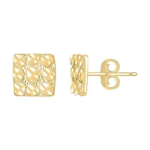 10K Yellow Gold Unisex Diamond Cut 7.5mm Flat Square Nugget Design Stud Earrings
