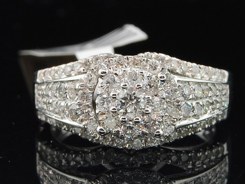 Diamond Flower Engagement Ring w/ Halo 14K White Gold Round Cut 1.03 Ct