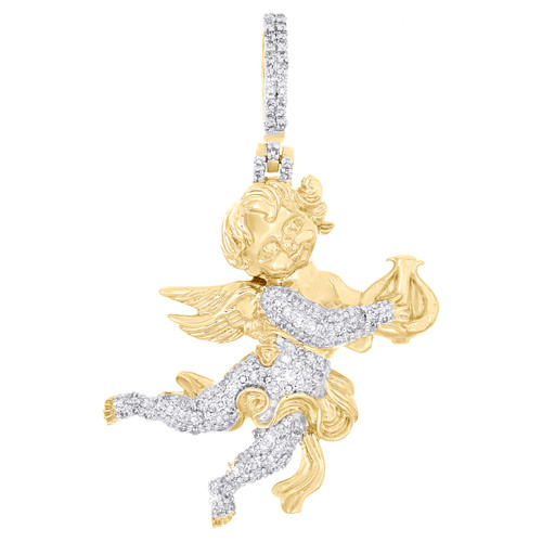 10K Yellow Gold Natural Diamond Unisex Charm Flying Angel w/ Harp Pendant 1/2 CT