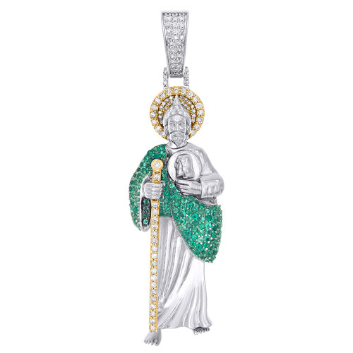 10K White Gold Natural Diamond & Emerald Charm Standing St. Jude Pendant 1.50 CT