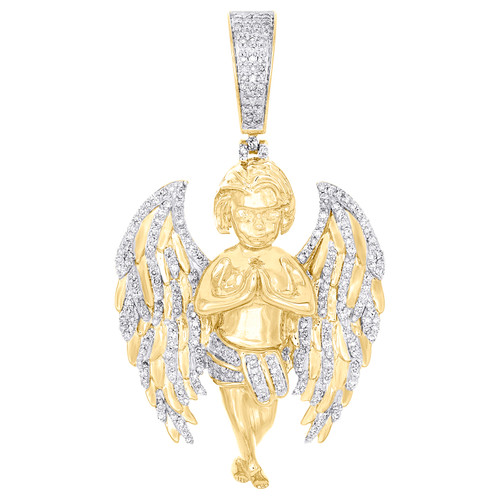 10K Yellow Gold Real Diamond Unisex Charm Praying Angel w/ Wings Pendant 6/7 CT