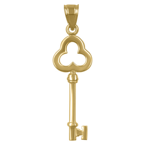 10K Yellow Gold Women's High Polished 1.35" Clover Charm Key to My Heart Pendant