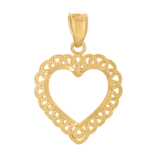 10K Yellow Gold Women's 0.85" Diamond Cut Charm Floral Border Open Heart Pendant