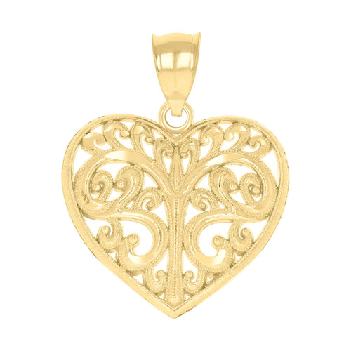 10K Yellow Gold Women's Milgrain Love Charm Filigree Tree of Life Heart Pendant