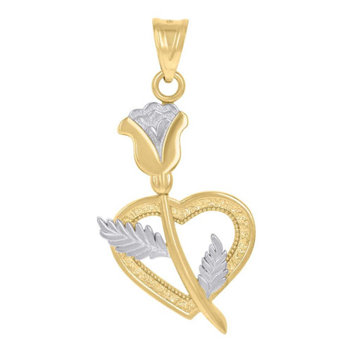 10K Two Tone Gold Women's 1.60" Textured Love Charm Heart Frame w/ Rose Pendant