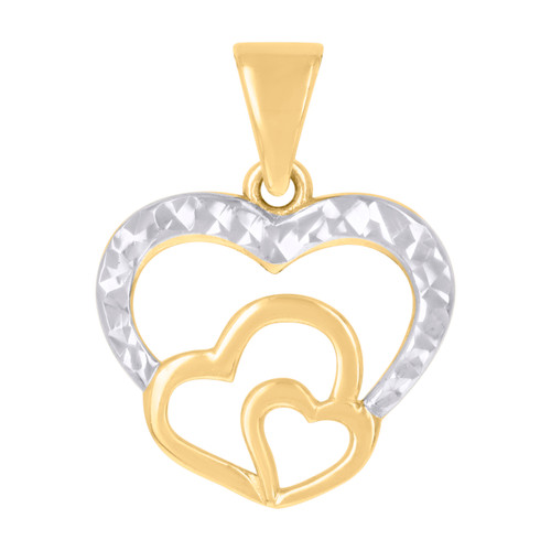 10K Two Tone Gold Women's 0.75" Diamond Cut Charm Stacked Triple Hearts Pendant