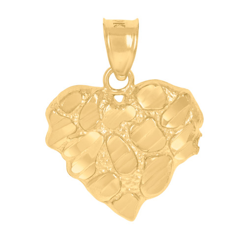 10K Yellow Gold Women's Diamond Cut 0.85" Love Charm Nugget Design Heart Pendant