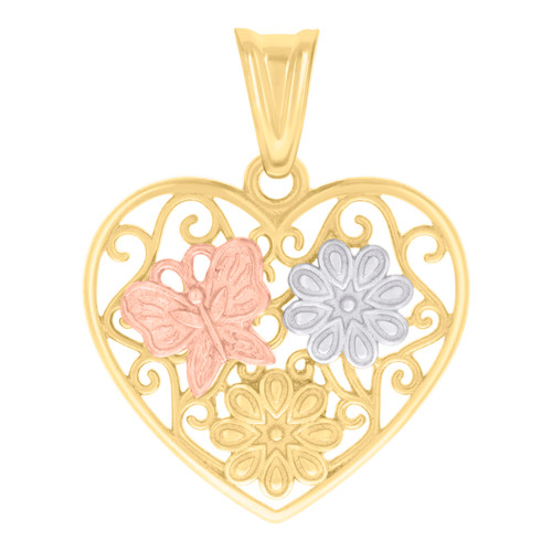 10K Tri Color Gold 1" Charm Filigree Pink Butterfly Flowers Heart Frame Pendant