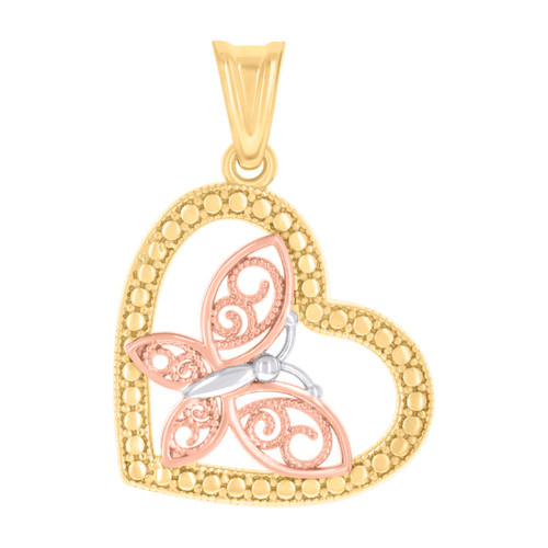 10K Tri Color Gold Women's 1" Charm Filigree Pink Butterfly Heart Frame Pendant