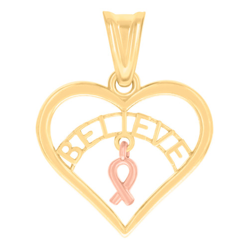 10K Yellow Gold Women's Pink Cancer Awareness Ribbon BELIEVE Heart Frame Pendant