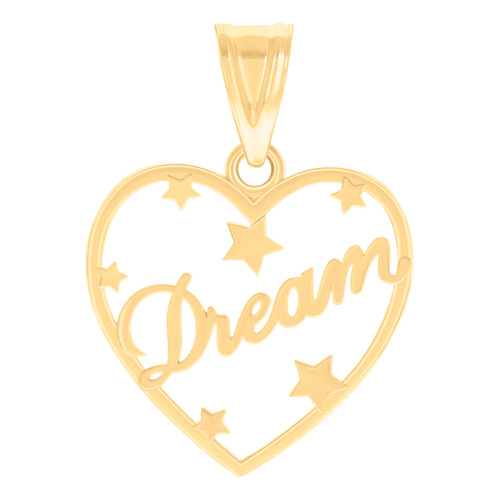 10K Yellow Gold Women's Polished 1.05" Charm Script DREAM Stars Heart Pendant