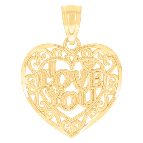 10K Yellow Gold Women's Polished 3/4" Charm Filigree Heart I LOVE YOU Pendant