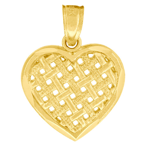 10K Yellow Gold Women's 0.75" Textured D/C Charm Lattice Pattern Heart Pendant