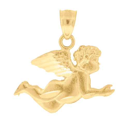 10K Yellow Gold Unisex 3/4" Diamond Cut Cupid Charm Flying Praying Angel Pendant