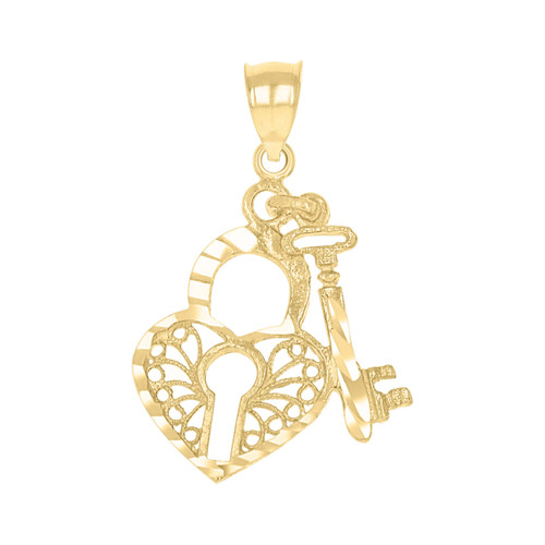 10K Yellow Gold 1.10" Diamond Cut Love Charm Filigree Heart Lock & Key Pendant