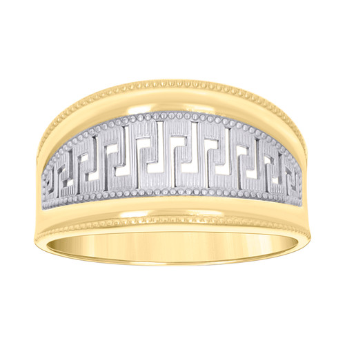 10K Two Tone Gold Women's 11.5mm Beaded Concave Band Greek Key Ring | Size 8