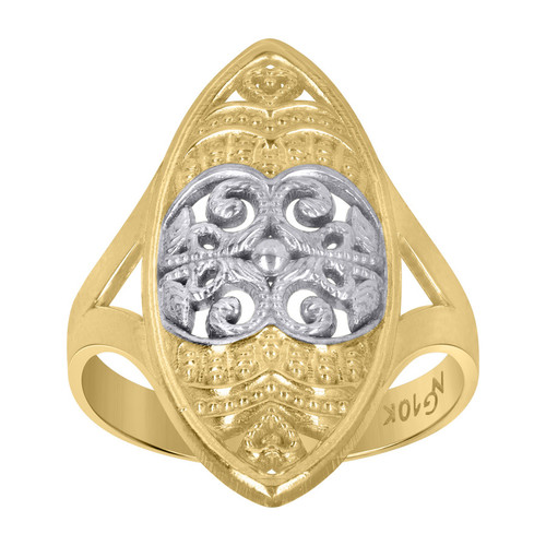 10K Two Tone Gold 24.5mm Textured Domed Band Pointed Oval Filigree Ring | Size 8
