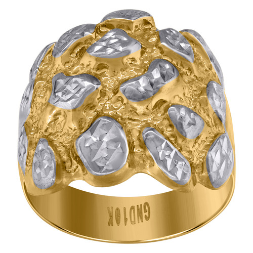 10K Two Tone Gold Men's Diamond Cut 19.5mm Dome Statement Band Nugget Pinky Ring