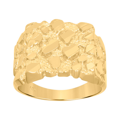 10K Yellow Gold Men's D/C 13mm Squared Top Statement Band Nugget Pattern Ring
