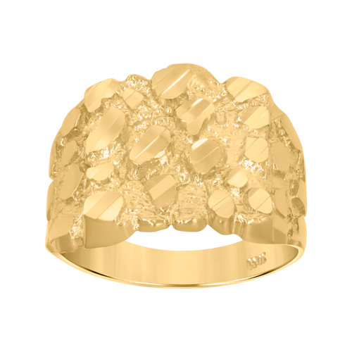 10K Yellow Gold Men's Diamond Cut 16mm Texture Square Statement Band Nugget Ring