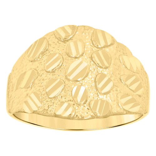 10K Yellow Gold Men's Diamond Cut 14mm Domed Textured Band Nugget Pattern Ring