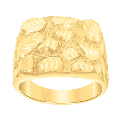 10K Yellow Gold Men's Diamond Cut 16.5mm Square Top Band Nugget Pattern Ring