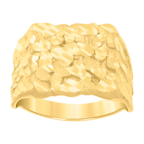 10K Yellow Gold Men's Diamond Cut 12.5mm Square Top Band Nugget Pattern Ring
