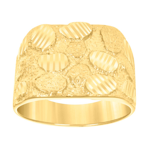 10K Yellow Gold Men's Diamond Cut 15mm Square Top Band Nugget Oval Pattern Ring