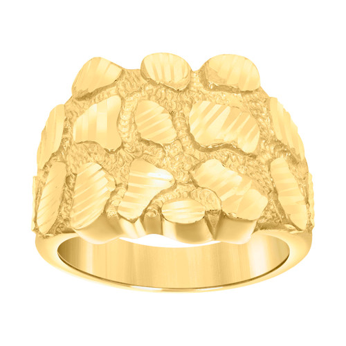 10K Yellow Gold Men's Diamond Cut 16mm Textured Cluster Band Nugget Pattern Ring