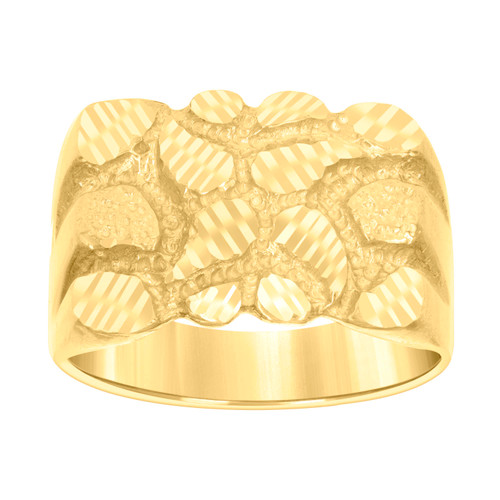 10K Yellow Gold Men's D/C Textured 13.5mm Square Groove Band Nugget Pattern Ring