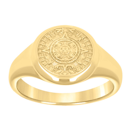 10K Yellow Gold Men's High Polished 12mm Circle Signet Aztec Calendar Pinky Ring