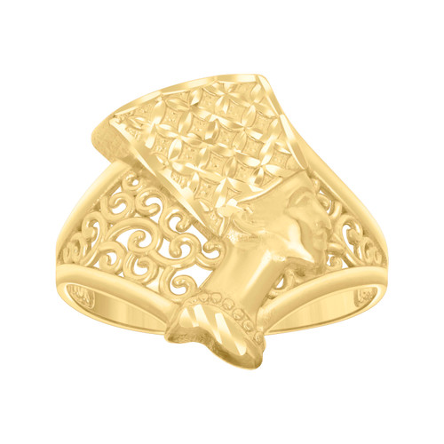 10K Yellow Gold Women's Diamond Cut 17mm Egyptian Band Filigree Nefertiti Ring