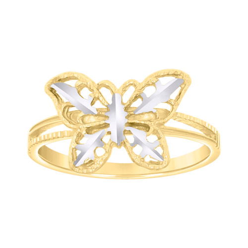 10K Two Tone Gold Women's 10mm Texture Scalloped Split Shank Band Butterfly Ring