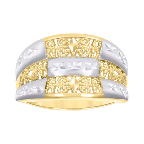 10K Two Tone Gold 11.5mm Diamond Cut Concave Band Textured Beaded Filigree Ring