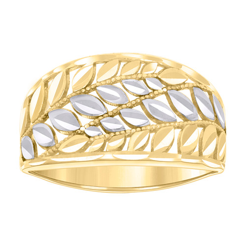 10K Two Tone Gold Women's 11.5mm Diamond Cut Domed Band Beaded Leaf Pattern Ring