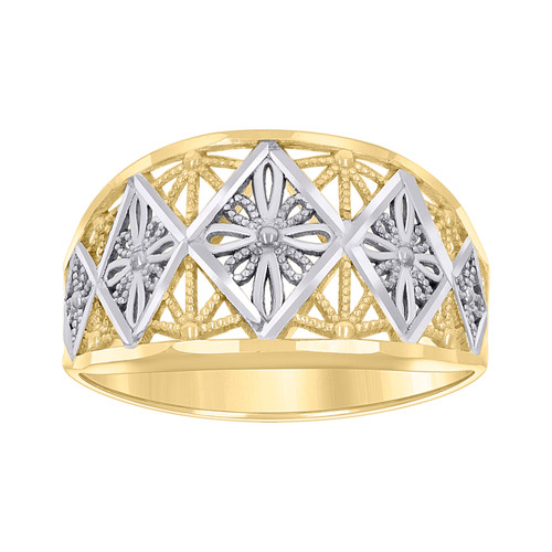 10K Two Tone Gold Women's 11mm Diamond Cut Dome Band Square Floral Filigree Ring