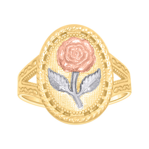 10K Tri-Color Gold Women's 17mm Textured Split Shank Oval Frame Rose Flower Ring