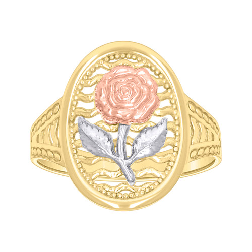 10K Tri-Color Gold Women's 17mm Split Shank Wavy Oval Frame Rose Flower Ring