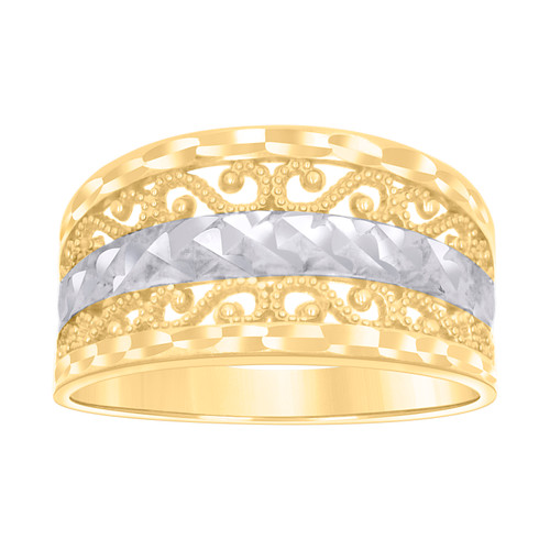 10K Two Tone Gold Women's 11mm Diamond Cut Concave Band Textured S Filigree Ring