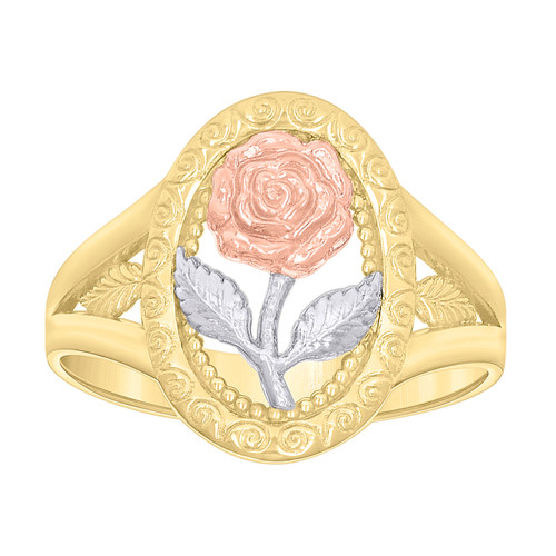 10K Tri-Color Gold Women's 16mm Textured Split Shank Oval Frame Rose Flower Ring